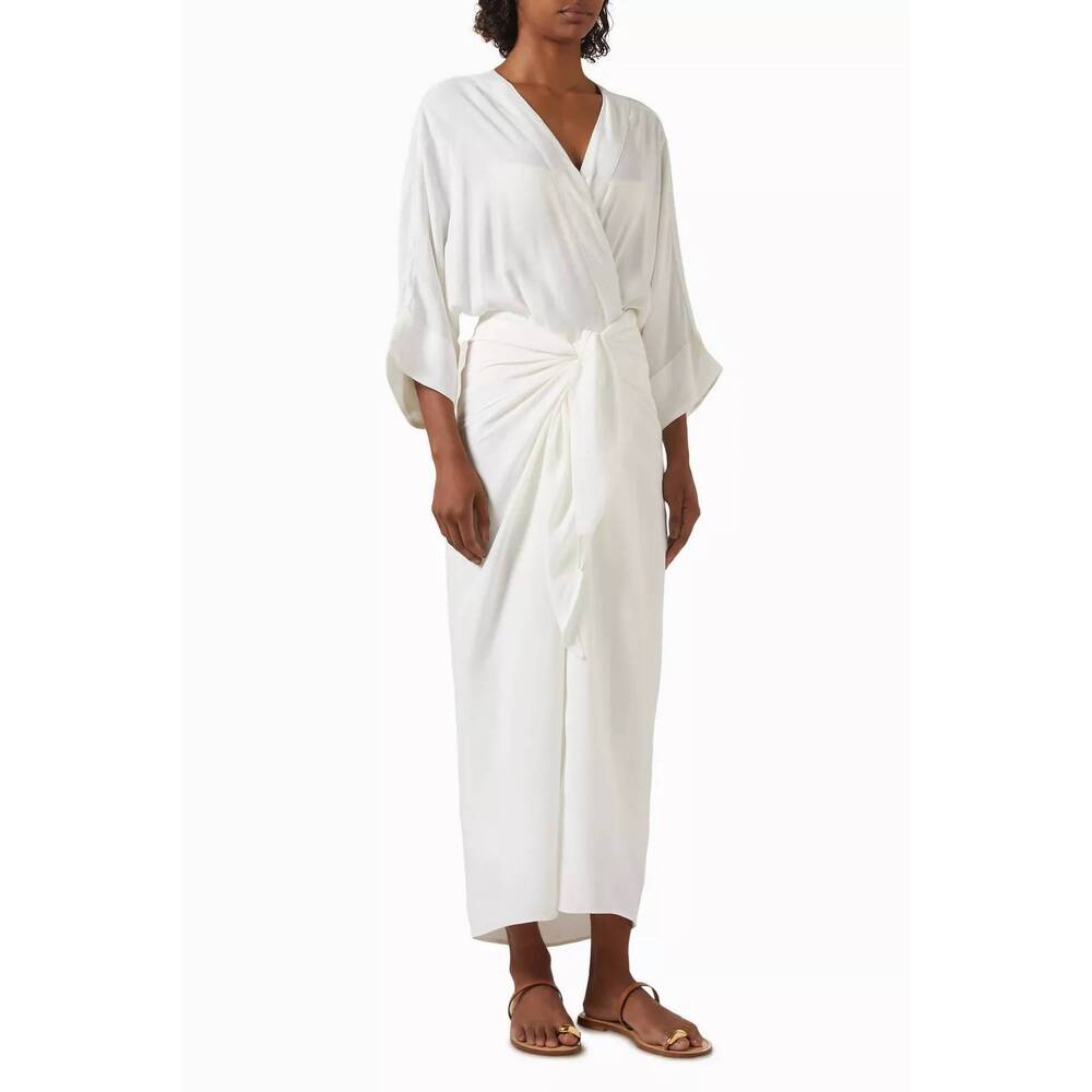 NEW HAIGHT viscose v-neck knot dress in off-white